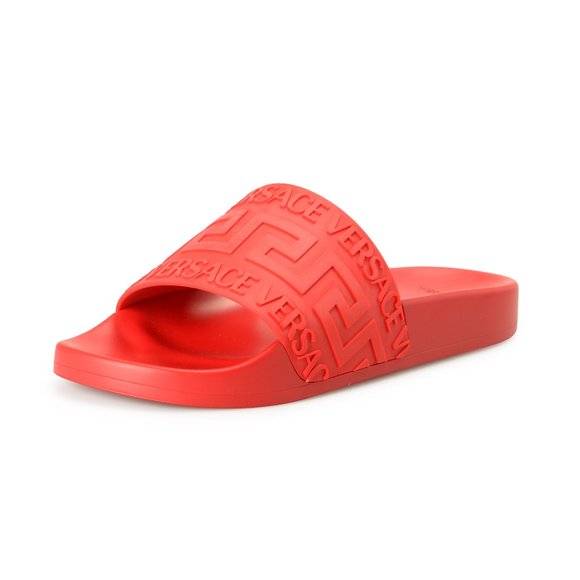 Versace Men's Deep Red "Greca" Print Embossed Pool Slide Flip Flops Shoes - Picture 1 of 8